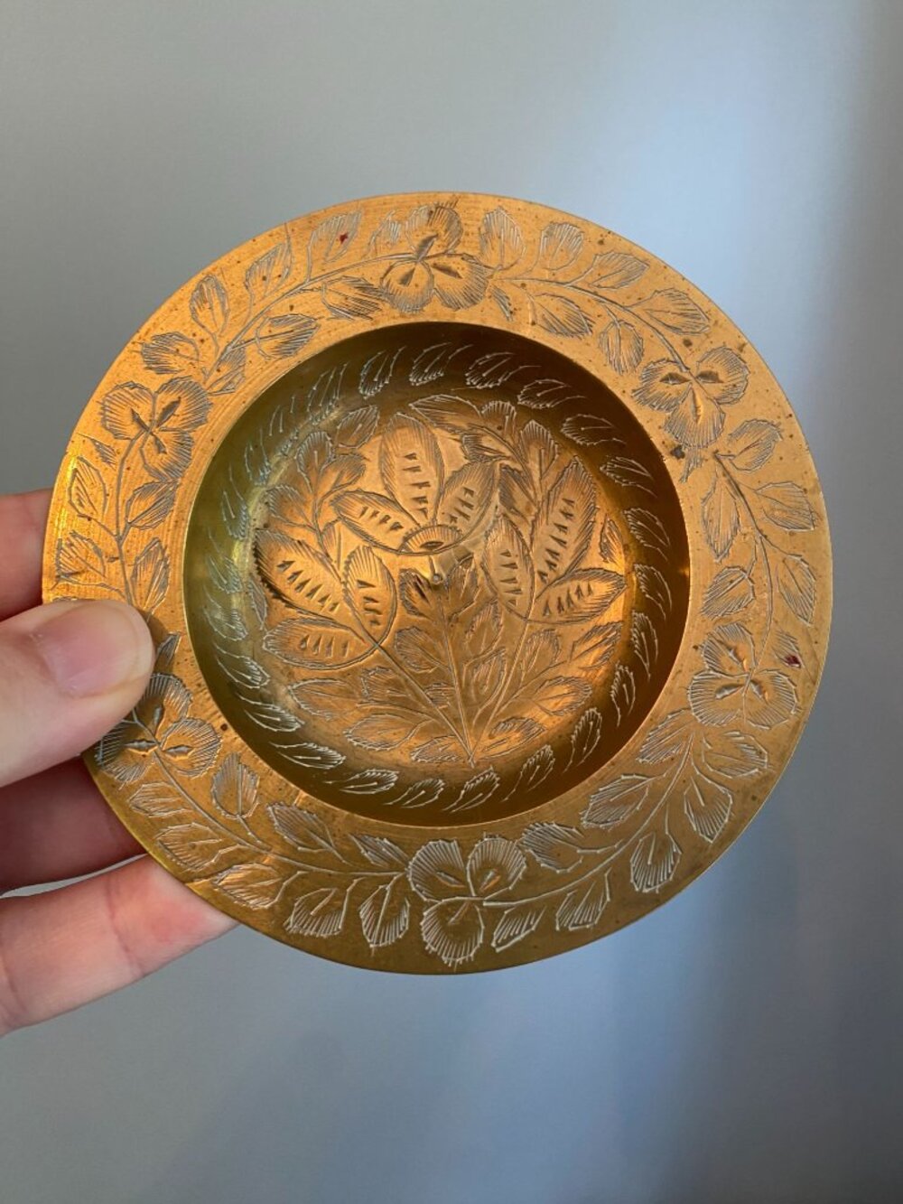 Vintage Brass Dish Etched Floral Design Made In India 4 Inches